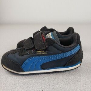 Puma Unisex Kids Whirlwind 352661 02 Black Blue Hook And Loop Sneaker Shoes Sz 6